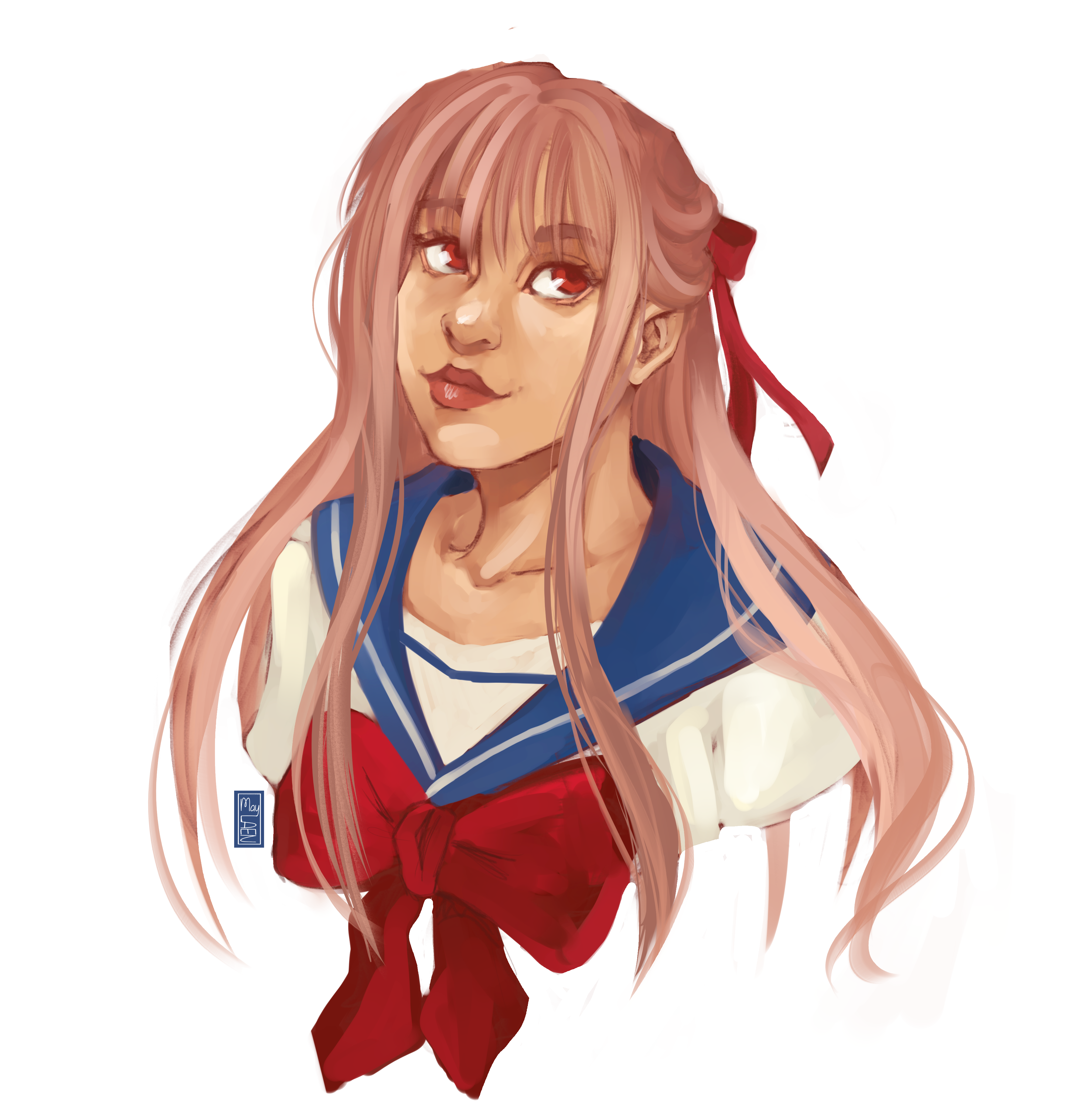 Colored headshot sketch of Matantei Loki Ragnarok Mayura in her school uniform.